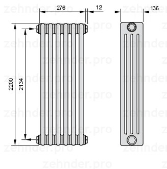 Схема (чертеж) Радиатор Zehnder Charleston 4220/6 №1270 Белый глянцевый RAL 9016